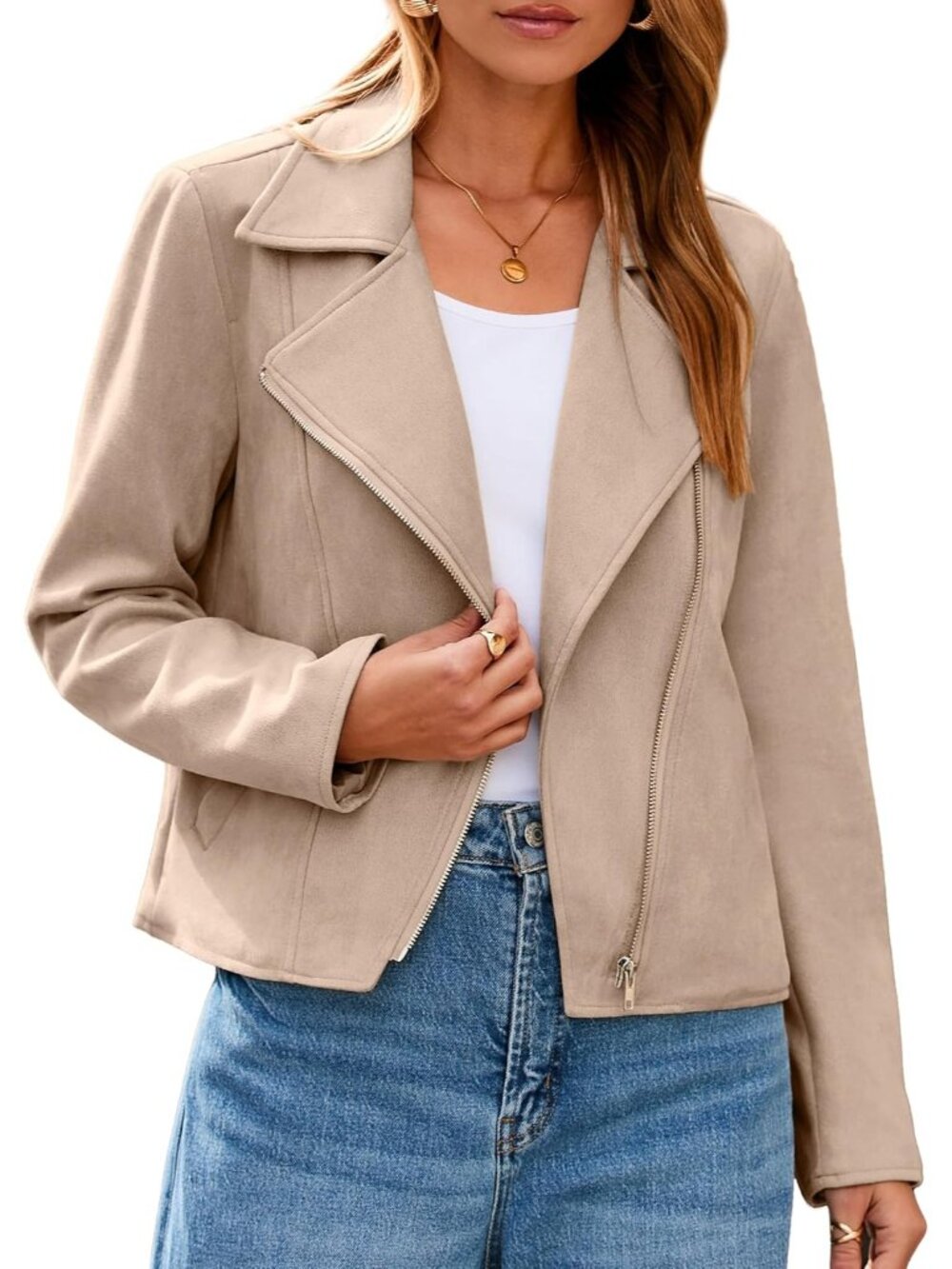 Women's Apricot Faux Suede Leather Long Sleeve Cropped Zipper Winter Jacket